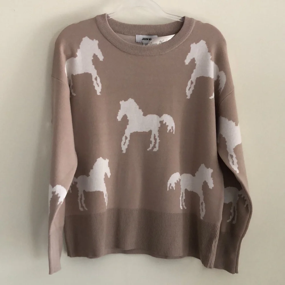 Jason Wu Tan Sweater with White Horse Design